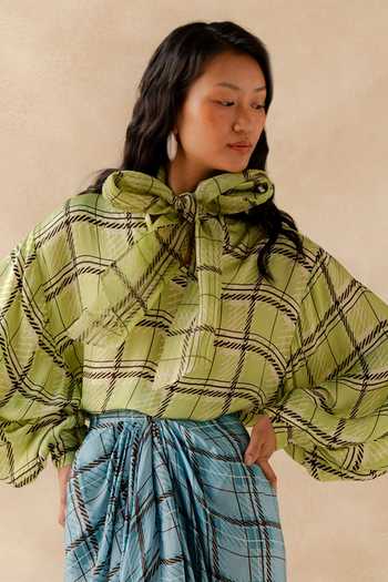 Shop_Richa Khemka_Green Organza, Satin High Neck Amari Plaid Top And Skirt Set _at_Aza_Fashions