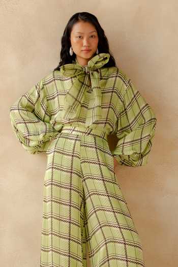 Shop_Richa Khemka_Green Organza High Neck Plaidora Tie Up Top Pant Set _at_Aza_Fashions