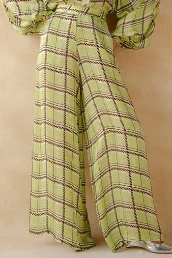 Richa Khemka_Green Organza High Neck Plaidora Tie Up Top Pant Set _Online_at_Aza_Fashions