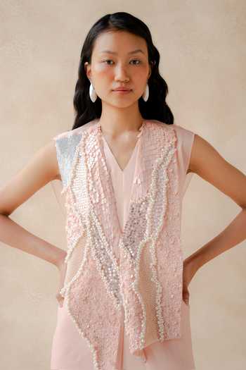 Shop_Richa Khemka_Pink Organza, Satin, Modal Sequins, Beads, Pearls Roselle Overlay With Jumpsuit _at_Aza_Fashions