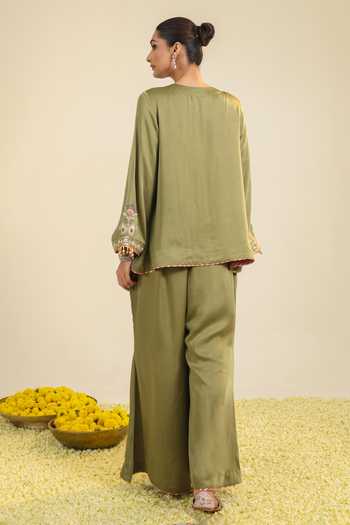 Shop_Roohbyridhimaa_Olive Green Silk Satin V-neck Gulrez Embroidered Kurta Pant Set _at_Aza_Fashions