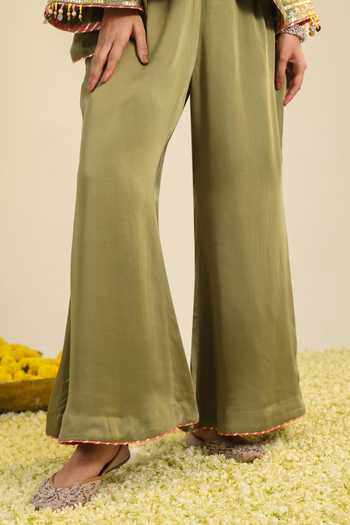 Buy_Roohbyridhimaa_Olive Green Silk Satin V-neck Gulrez Embroidered Kurta Pant Set _Online_at_Aza_Fashions