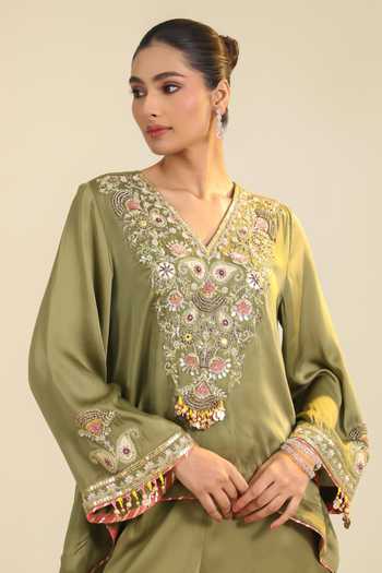 Shop_Roohbyridhimaa_Olive Green Silk Satin V-neck Gulrez Embroidered Kurta Pant Set _Online_at_Aza_Fashions