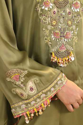 Roohbyridhimaa_Olive Green Silk Satin V-neck Gulrez Embroidered Kurta Pant Set _at_Aza_Fashions