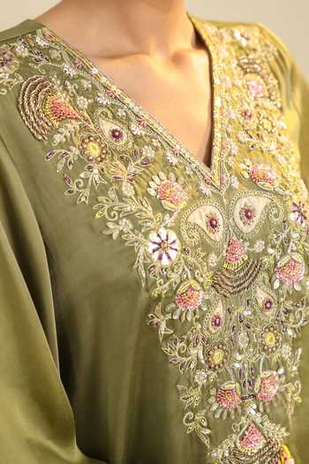 Shop_Roohbyridhimaa_Olive Green Silk Satin V-neck Gulrez Embroidered Kurta Pant Set 