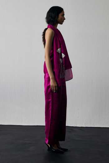 Shop_Notsosure_Magenta Silk, Dupion One Shoulder Hand Embroidered Top And Pant Set _at_Aza_Fashions
