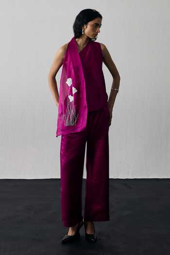 Buy_Notsosure_Magenta Silk, Dupion One Shoulder Hand Embroidered Top And Pant Set _Online_at_Aza_Fashions