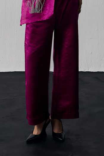 Shop_Notsosure_Magenta Silk, Dupion One Shoulder Hand Embroidered Top And Pant Set _Online_at_Aza_Fashions