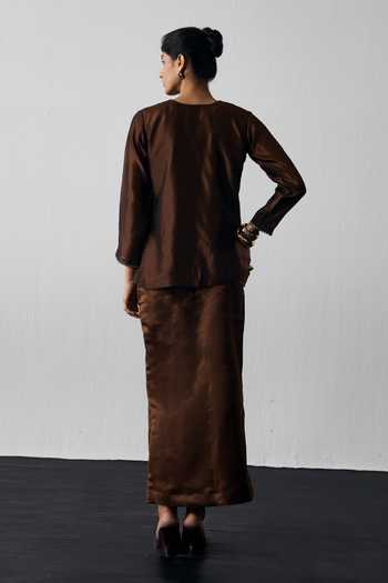 Shop_Notsosure_Brown Silk, Dupion Keyhole Neck Hand Embroidered Top And Skirt Set _at_Aza_Fashions