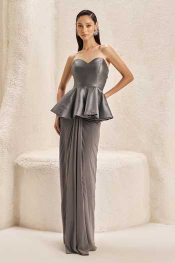 Buy_Nirmooha_Grey Silk, Crepe, Lycra, Pilier Metallic Peplum Corset And Draped Skirt Set _at_Aza_Fashions