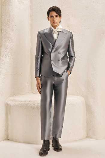 Buy_Nirmooha_Grey Silk, Suiting, Taffeta Ashlar Metallic Double Breasted Blazer Set _at_Aza_Fashions