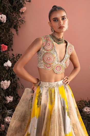 Shop_Bhumika Sharma_Gold Organza Plunge Neck Fenna Printed Skirt Set _Online_at_Aza_Fashions