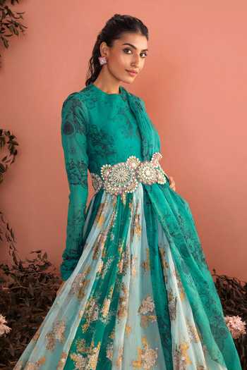 Bhumika Sharma_Green Organza High Neck Nuzhat Floral Print Anarkali _Online_at_Aza_Fashions