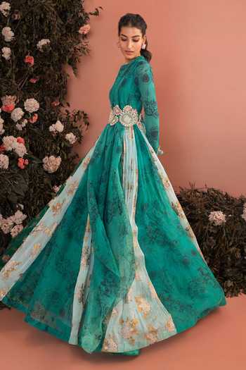 Buy_Bhumika Sharma_Green Organza High Neck Nuzhat Floral Print Anarkali _Online_at_Aza_Fashions