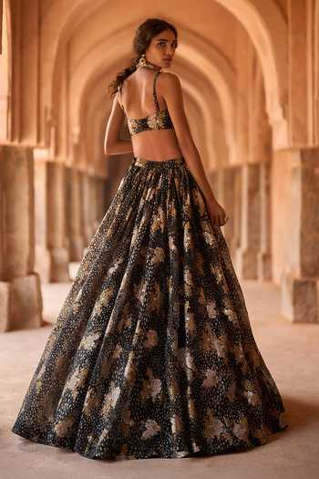 Shop_Bhumika Sharma_Black Organza Bandeau Neck Milie Printed Bustier And Skirt Set _at_Aza_Fashions