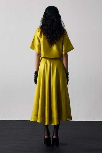 Shop_Notsosure_Green Dupion, Silk Collared Neck Motif Top And Skirt Set _at_Aza_Fashions