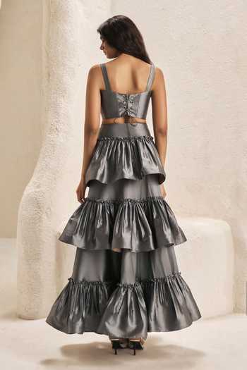 Shop_Nirmooha_Silver Silk, Taffeta Sweetheart Tierce Metallic Corset And Tiered Ruffle Skirt Set _at_Aza_Fashions