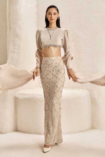 Buy_Nirmooha_Ivory Satin, Net, Bemberg, Microfiber Crescent Embellished Crop Top Skirt Set _at_Aza_Fashions