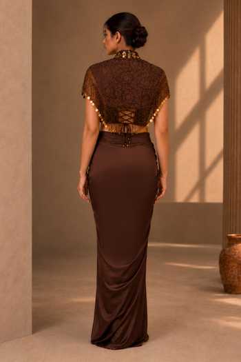 Shop_Vridhi Somaani_Brown Satin, Lace, Chantilly V-neck, Blair Collar Embroidered Cape Skirt Set _at_Aza_Fashions