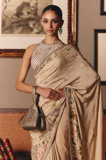 Matsya_Beige Silk Halter Neck The Story Of Masai Saree With Blouse _Online_at_Aza_Fashions