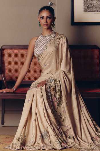 Buy_Matsya_Beige Silk Halter Neck The Story Of Masai Saree With Blouse _Online_at_Aza_Fashions