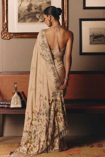 Shop_Matsya_Beige Silk Halter Neck The Story Of Masai Saree With Blouse _at_Aza_Fashions
