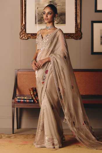 MATSYA_Beige Tissue, Silk Sweetheart Neck Parsi Madonna Saree With Blouse _Online_at_Aza_Fashions