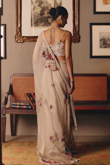 Shop_MATSYA_Beige Tissue, Silk Sweetheart Neck Parsi Madonna Saree With Blouse _at_Aza_Fashions