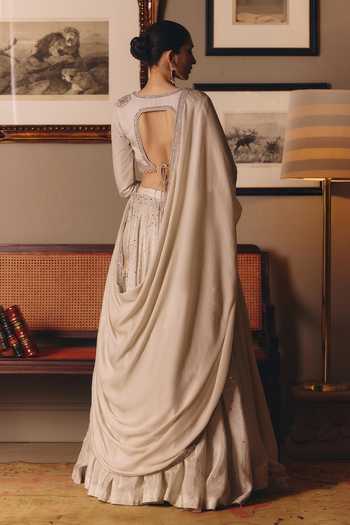 Shop_Matsya_Ivory , , V-neck The Silver Needle Saadgi Lehenga Set _at_Aza_Fashions
