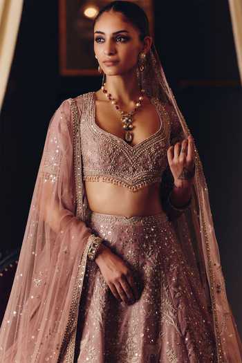 Buy_Matsya_Ivory , , V-neck The Silver Needle Saadgi Lehenga Set _Online_at_Aza_Fashions