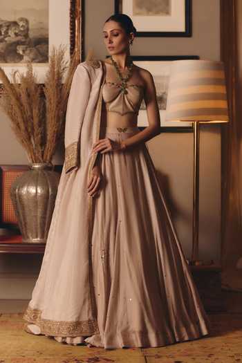 Shop_Matsya_Beige , Organza, The Aged Ekru Saadgi Embroidered Jacket Lehenga Set _at_Aza_Fashions