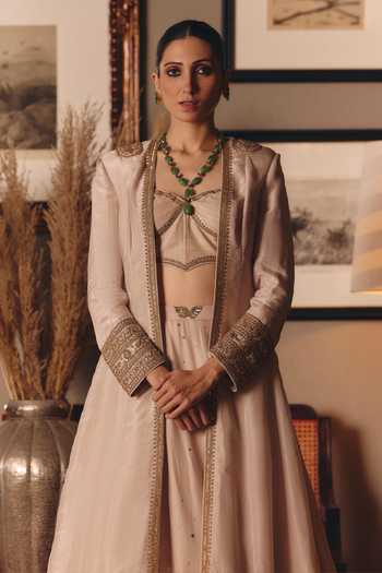 Matsya_Beige , Organza, The Aged Ekru Saadgi Embroidered Jacket Lehenga Set _Online_at_Aza_Fashions