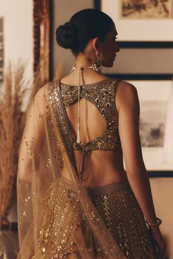 Matsya_Gold Twill Leaf Neck The Sheeshraag Toasted Lehenga Set _Online_at_Aza_Fashions