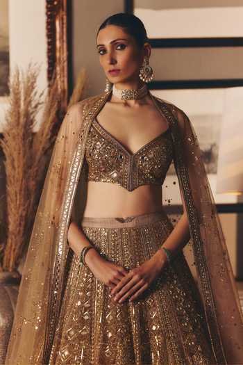 Buy_Matsya_Gold Twill Leaf Neck The Sheeshraag Toasted Lehenga Set _Online_at_Aza_Fashions