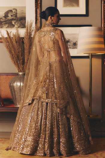 Shop_Matsya_Gold Twill Leaf Neck The Sheeshraag Toasted Lehenga Set _at_Aza_Fashions