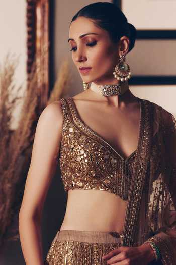 Shop_Matsya_Gold Twill Leaf Neck The Sheeshraag Toasted Lehenga Set _Online_at_Aza_Fashions