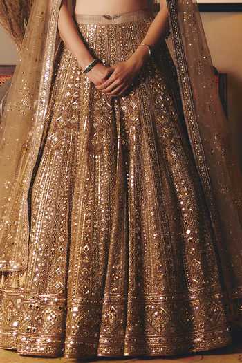 Matsya_Gold Twill Leaf Neck The Sheeshraag Toasted Lehenga Set _at_Aza_Fashions