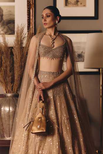 Matsya_Gold Organza Leaf Neck The Aged Tissue Masai Landscape Lehenga Set _Online_at_Aza_Fashions