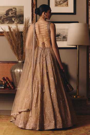 Shop_Matsya_Gold Organza Leaf Neck The Aged Tissue Masai Landscape Lehenga Set _at_Aza_Fashions