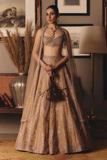 Buy_Matsya_Gold Organza Leaf Neck The Aged Tissue Masai Landscape Lehenga Set _at_Aza_Fashions