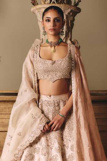Matsya_Ivory Silk, Organza Square Neck The Royal Ekru Saga Lehenga Set _Online_at_Aza_Fashions
