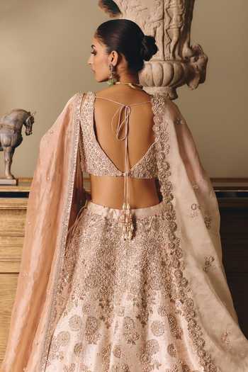 Shop_Matsya_Ivory Silk, Organza Square Neck The Royal Ekru Saga Lehenga Set _at_Aza_Fashions