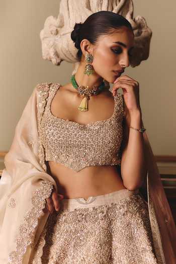 Buy_Matsya_Ivory Silk, Organza Square Neck The Royal Ekru Saga Lehenga Set _Online_at_Aza_Fashions