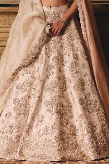 Shop_Matsya_Ivory Silk, Organza Square Neck The Royal Ekru Saga Lehenga Set _Online_at_Aza_Fashions