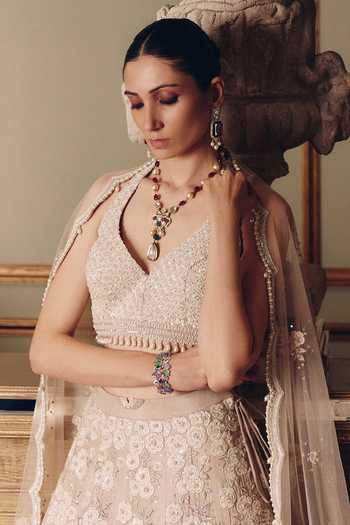 Matsya_Beige Tissue, Net Flamingos Of The Wild Lehenga Set _Online_at_Aza_Fashions