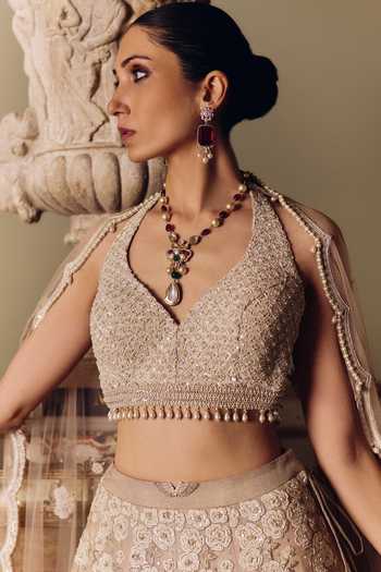 Buy_Matsya_Beige Tissue, Net Flamingos Of The Wild Lehenga Set _Online_at_Aza_Fashions
