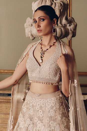 Shop_Matsya_Beige Tissue, Net Flamingos Of The Wild Lehenga Set _Online_at_Aza_Fashions