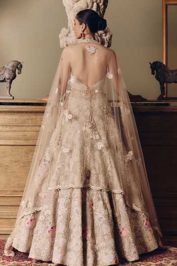 Shop_Matsya_Beige Tissue, Net Flamingos Of The Wild Lehenga Set _at_Aza_Fashions
