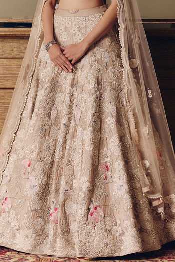 Matsya_Beige Tissue, Net Flamingos Of The Wild Lehenga Set _at_Aza_Fashions