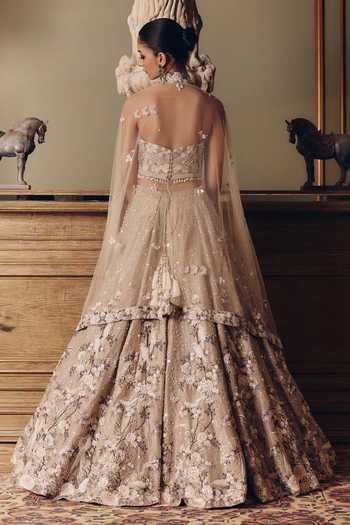 Shop_Matsya_Beige Tissue, Net V-neck The Amazonica Embroidered Lehenga Set _at_Aza_Fashions